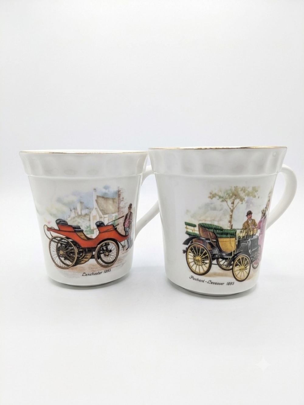 Vintage Staffordshire Crown China  – Early Automobiles Mug Set (2) 1895